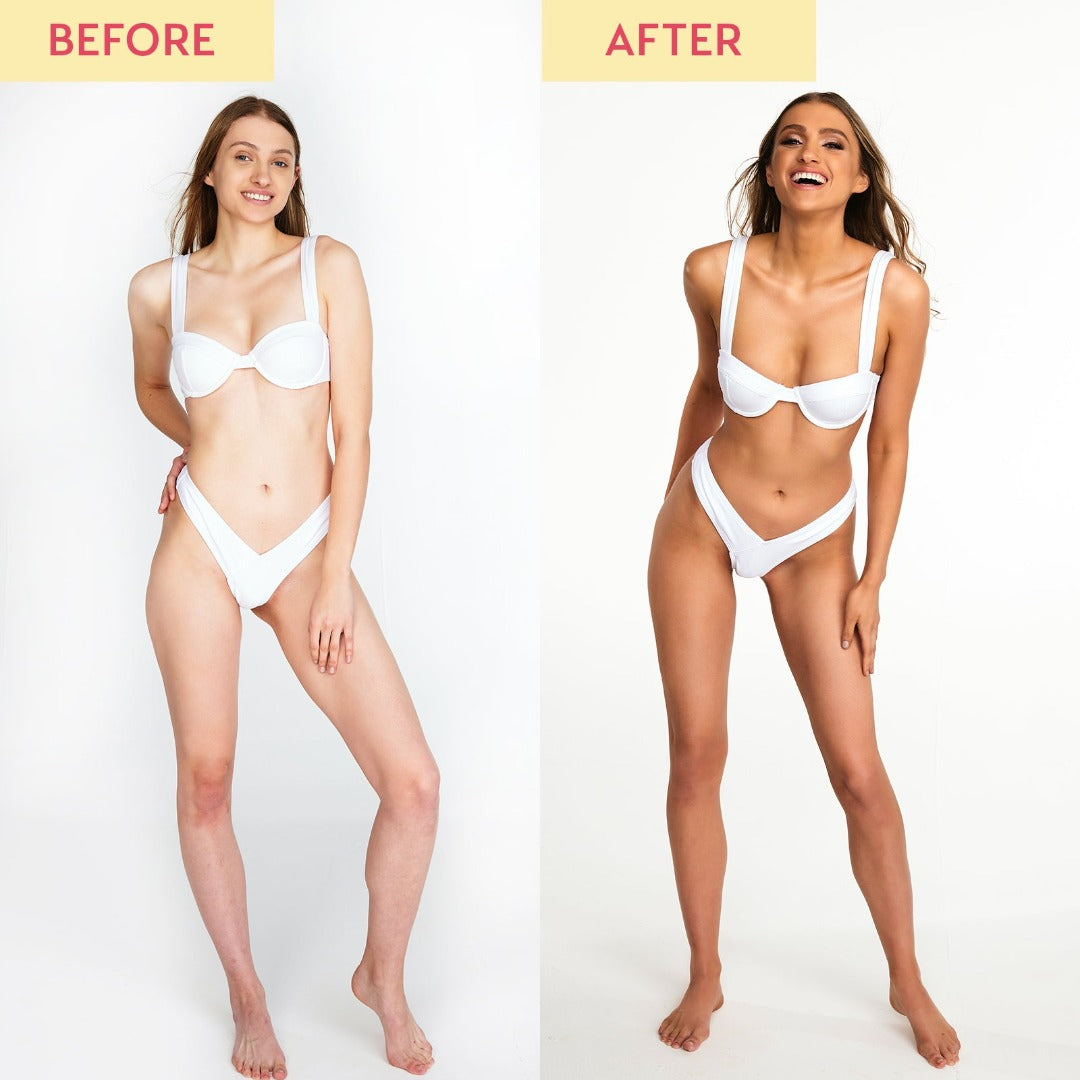 Before and after video of a model in a white bikini. The before image shows pale skin and the after image shows a natural, medium tan as a result of using the He-Shi Express Liquid Tan.